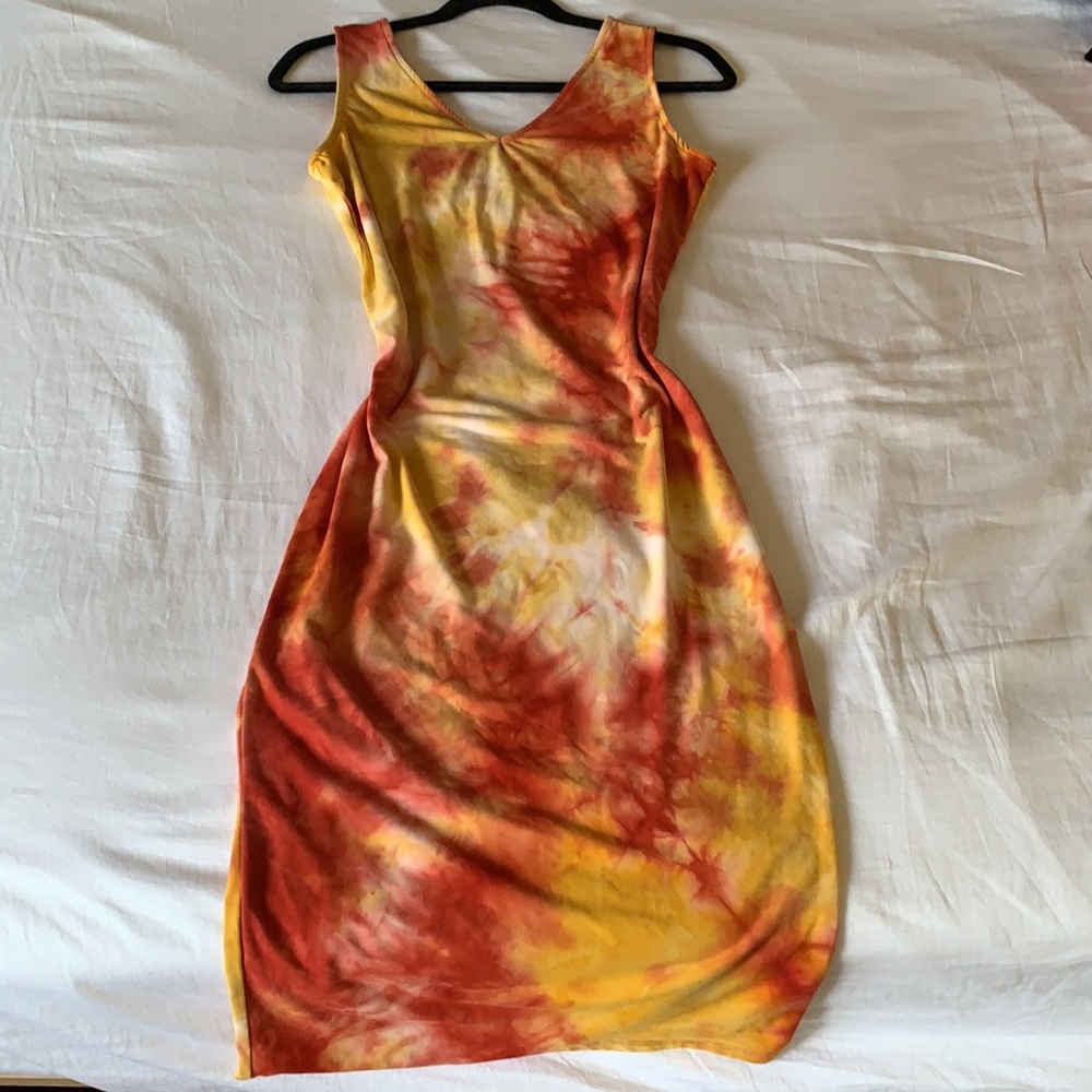 Red and Yellow Tie-Dye Midi Dress